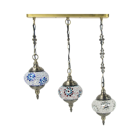 Vintage Stained Glass Bedroom Pendant - Red/Yellow/Green Oval Cluster Lamp With 3 Heads