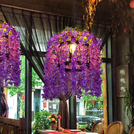 Vintage Drum Pendant With Led Metal Flower Design - Pink/Purple Ideal For Restaurants Purple