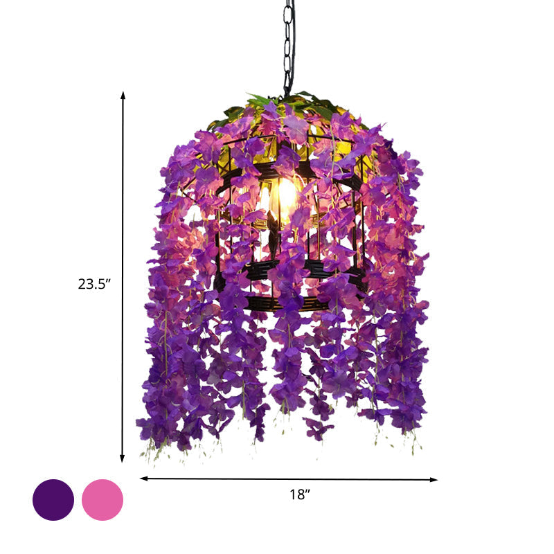 Vintage Drum Pendant With Led Metal Flower Design - Pink/Purple Ideal For Restaurants