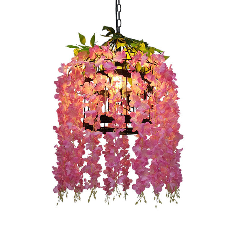 Vintage Drum Pendant Light - 1-Light Metal Led Flower Hanging Kit (Pink/Purple) For Restaurants