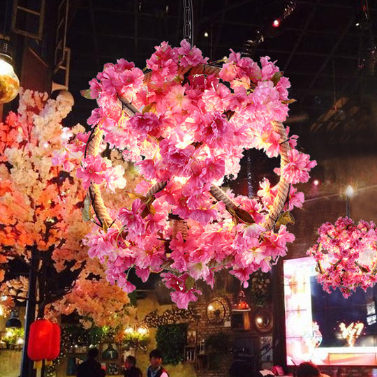 Vintage Pink Ball Pendant Light With Flower Decor For Restaurant - Led Ceiling Lamp