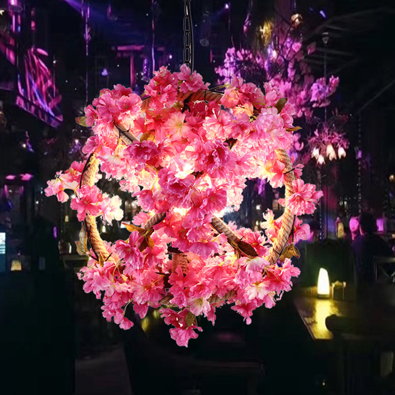Retro Pink Ball Pendant Light With Flower Decoration Led Ceiling Lamp For Restaurants - 14/18/19.5
