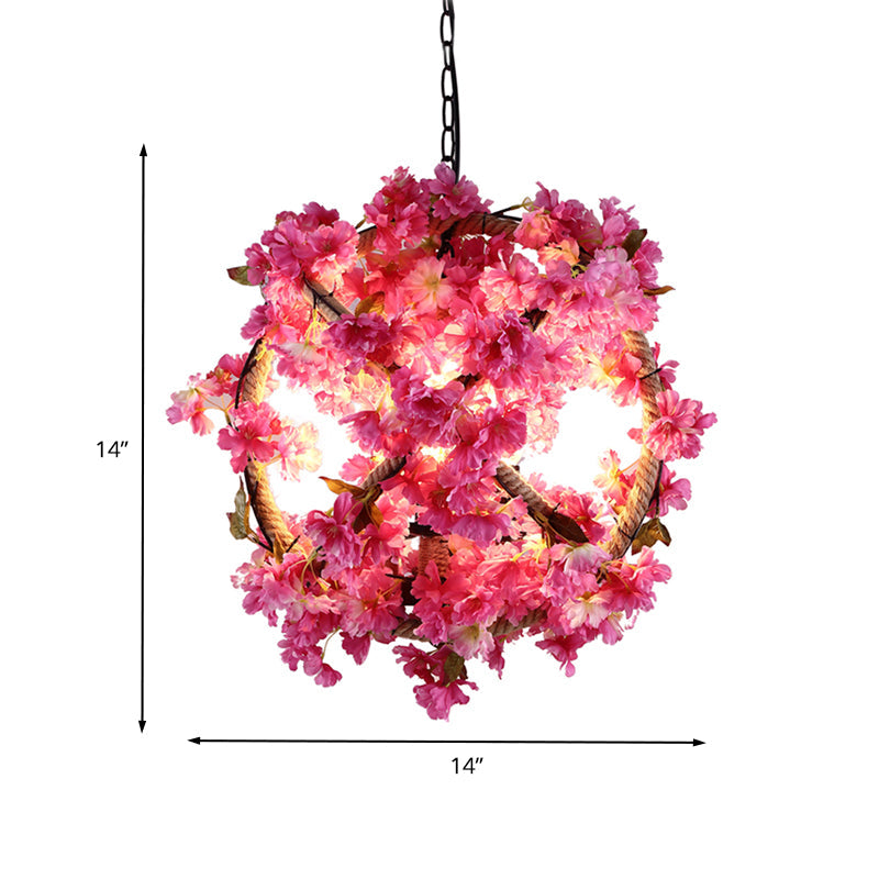 Vintage Pink Ball Pendant Light With Flower Decor For Restaurant - Led Ceiling Lamp