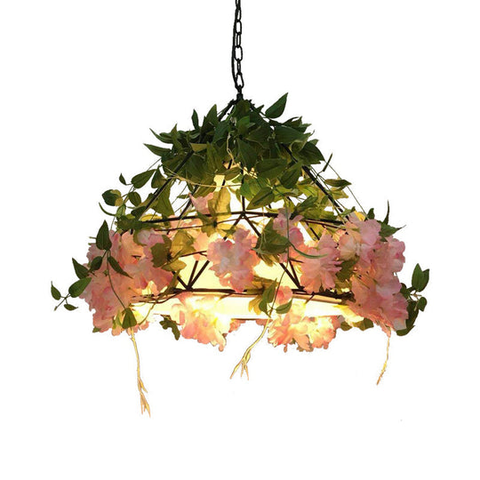 Industrial Metal Diamond Led Pendant Lamp With Rose Decoration In Pink/Light Pink - 18’/23.5’ W