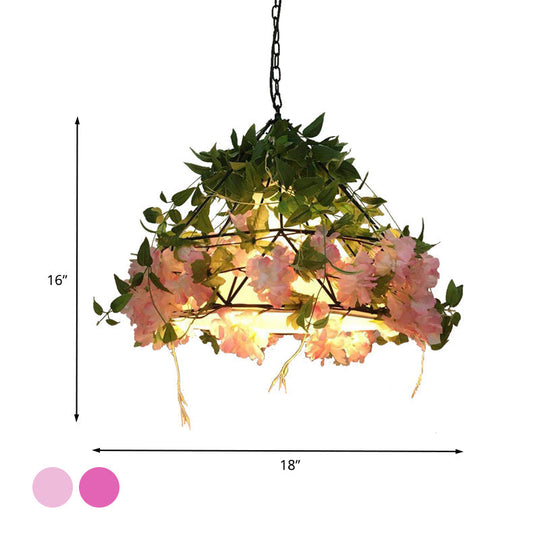 Industrial Metal Diamond Led Pendant Lamp With Rose Decoration In Pink/Light Pink - 18’/23.5’ W