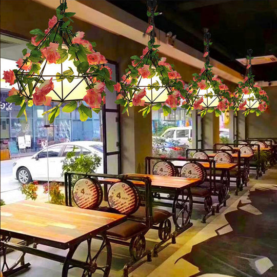 Industrial Metal Diamond Led Pendant Lamp With Rose Decoration In Pink/Light Pink - 18’/23.5’ W