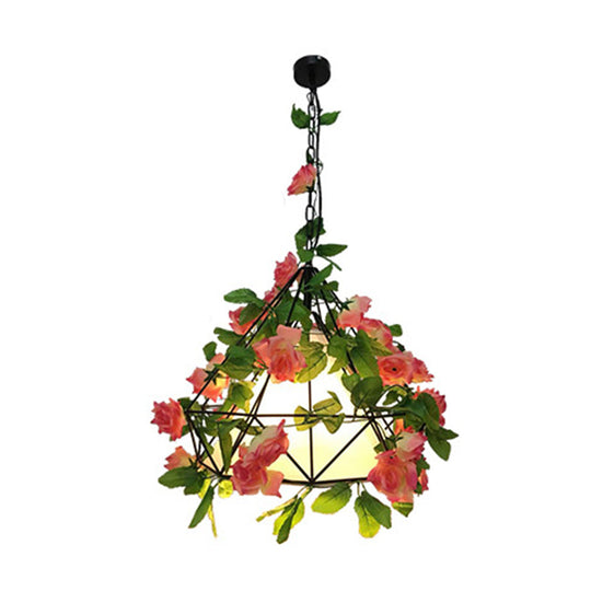 Industrial Metal Diamond Led Pendant Lamp With Rose Decoration In Pink/Light Pink - 18’/23.5’ W