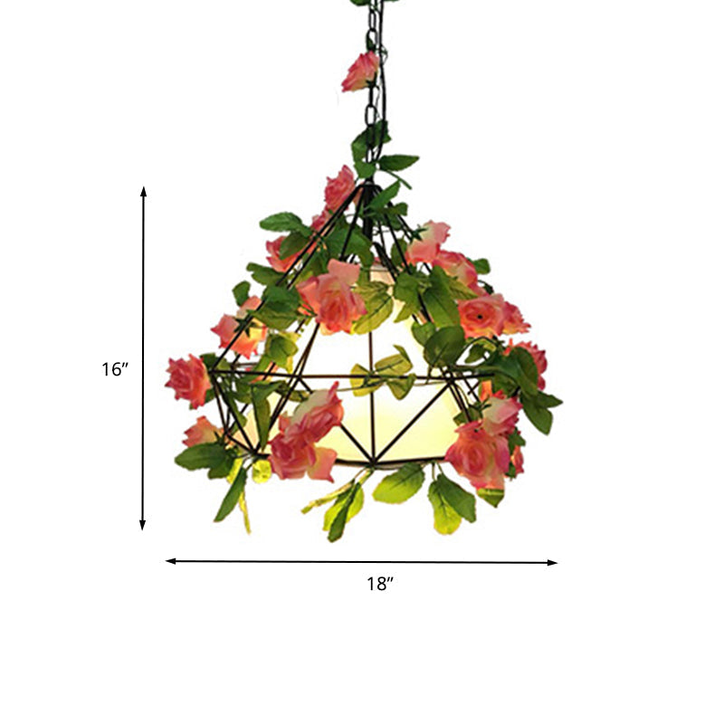 Industrial Metal Diamond Led Pendant Lamp With Rose Decoration In Pink/Light Pink - 18’/23.5’ W
