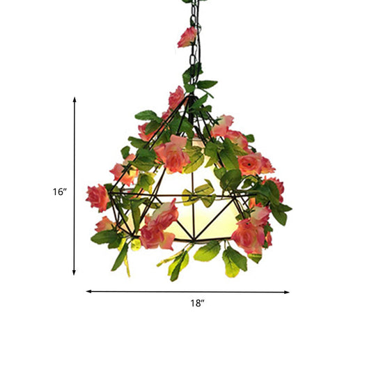 Industrial Metal Diamond Led Pendant Lamp With Rose Decoration - Pink/Light Pink 18/23.5 W