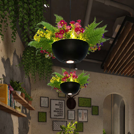 Industrial Bowl Flower Hanging Light - Black Metal Led Ceiling Suspension Lamp (1 Bulb) For