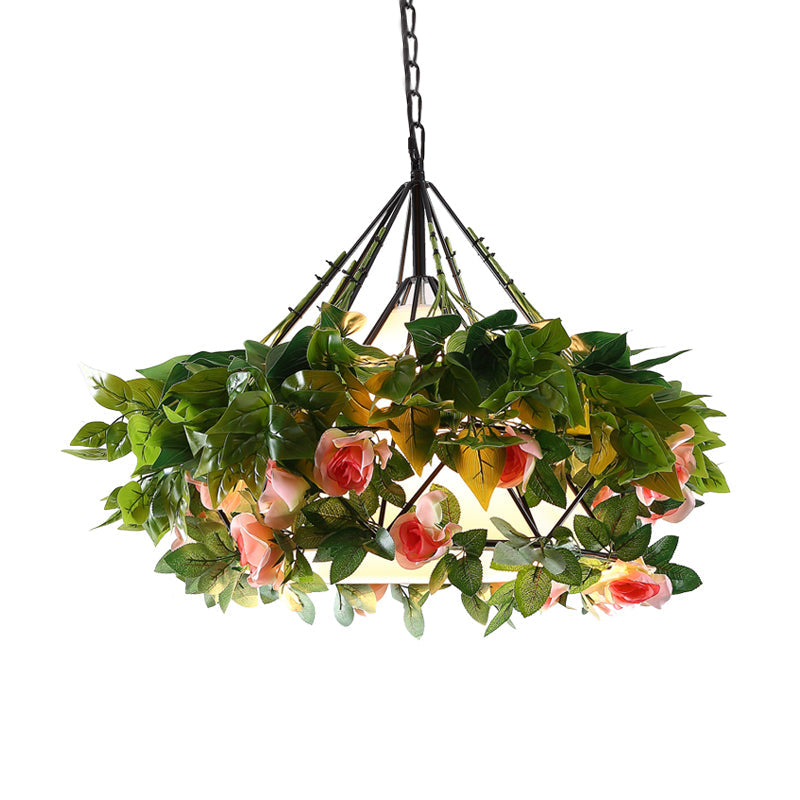 Vintage Black Metal Diamond Pendant Light - Led Flower Hanging Lamp For Restaurants Multiple Width