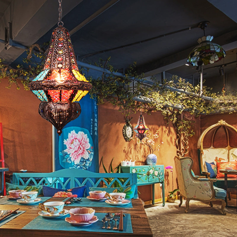 Red/Bronze Pendant Lantern Light - Traditional Metal Hanging Fixture For Restaurants