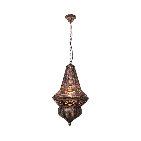 Red/Bronze Pendant Lantern Light - Traditional Metal Hanging Fixture For Restaurants