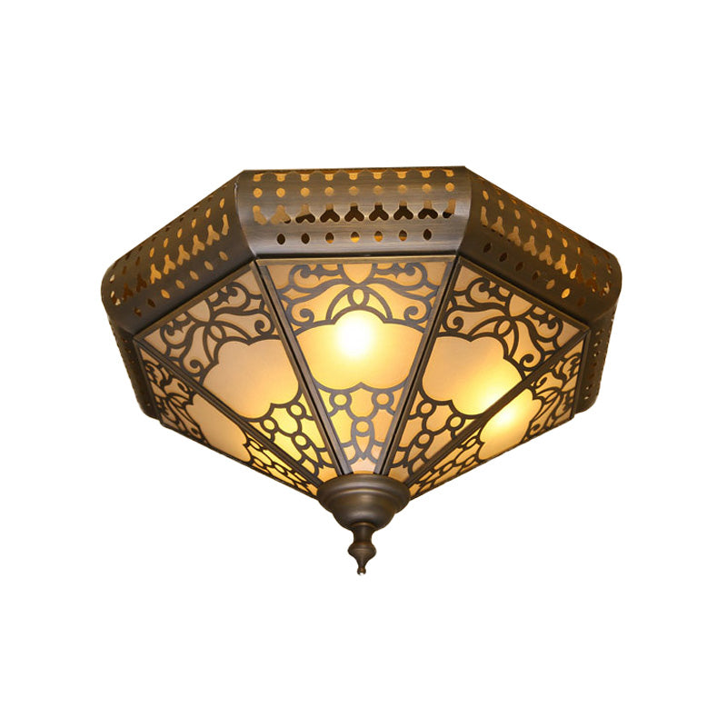 Traditional Brass Finish Metal Flush Mount Lamp Fixture With 3 Cone Lights