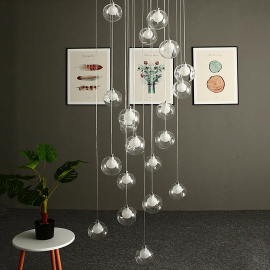 Modernist Ball Clear Dimpled Glass Multi Lamp Pendant With 16 Hanging Heads - White