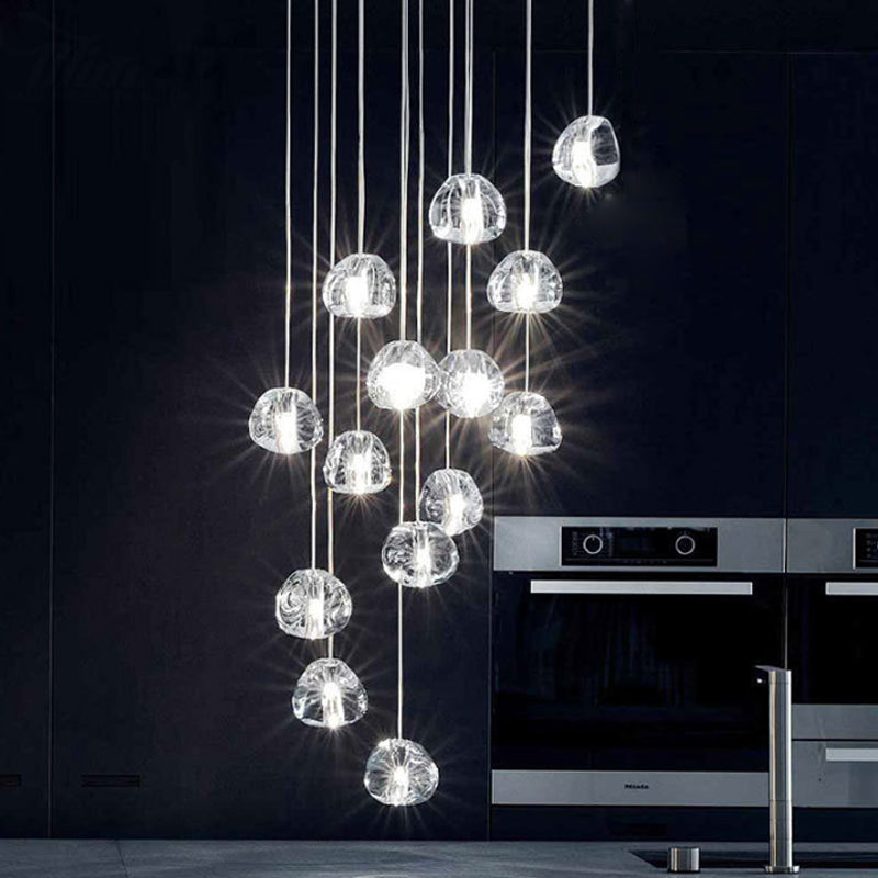 Modern Silver Led Cluster Pendant Ceiling Light - 14 Bulbs Clear Concave Glass Meteor Shower Design