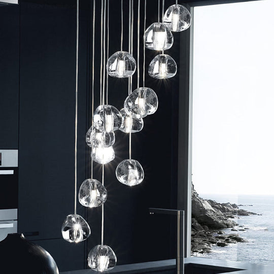 Modern Silver Led Cluster Pendant Ceiling Light - 14 Bulbs Clear Concave Glass Meteor Shower Design