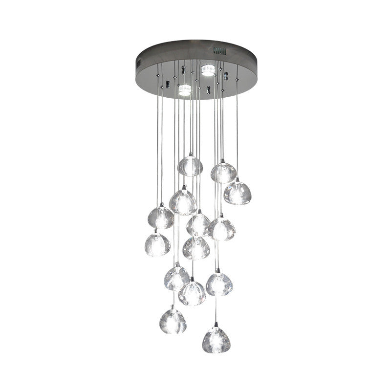Modern Led Cluster Pendant Light With 14 Silver Bulbs And Clear Concave Glass
