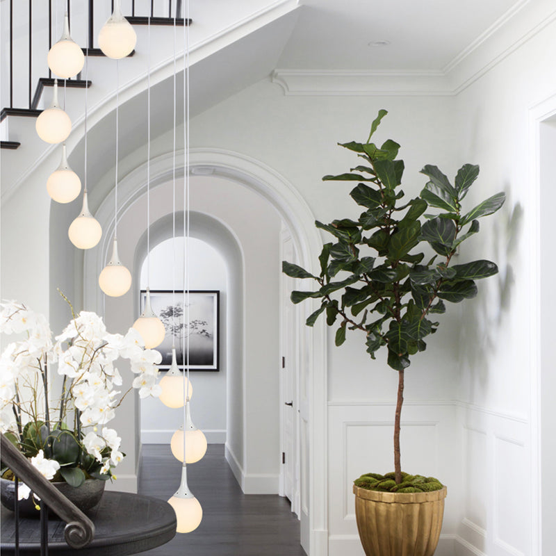 Contemporary Milk Glass Spiral Stair Pendant Light - 12 Head Round/Square Cluster White Hanging Lamp
