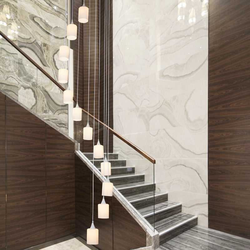 Contemporary Milk Glass Spiral Stair Pendant Light - 12 Head Round/Square Cluster White Hanging Lamp