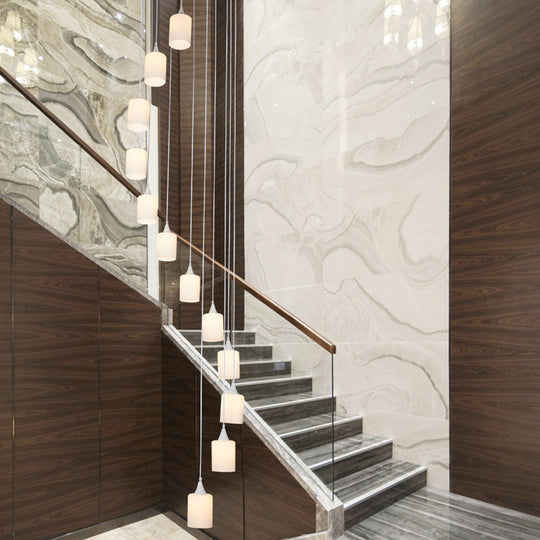 Contemporary Milk Glass Spiral Stair Pendant Light - 12 Head Round/Square Cluster White Hanging Lamp