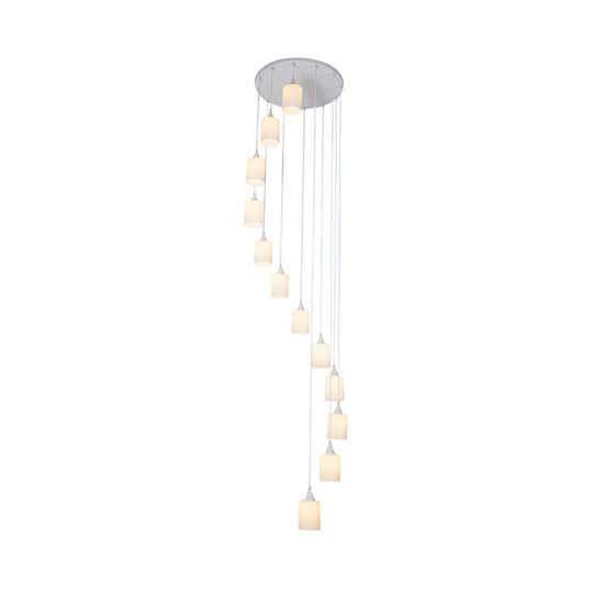 Contemporary Milk Glass Spiral Stair Pendant Light - 12 Head Round/Square Cluster White Hanging Lamp
