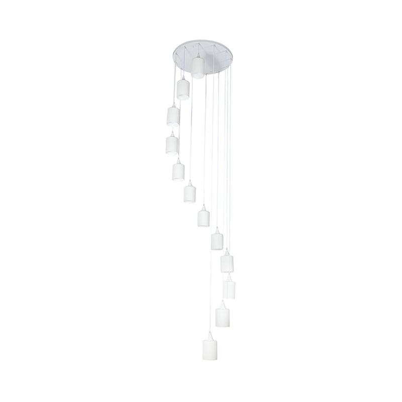 Contemporary Milk Glass Spiral Stair Pendant Light - 12 Heads White Round/Square Hanging Lamp