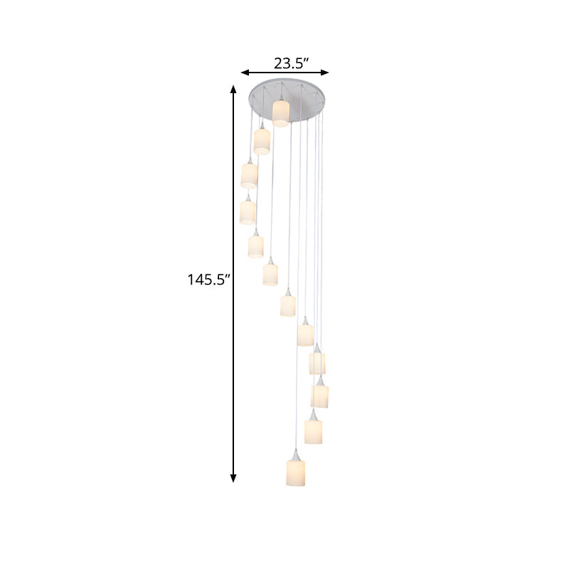 Contemporary Milk Glass Spiral Stair Pendant Light - 12 Head Round/Square Cluster White Hanging Lamp