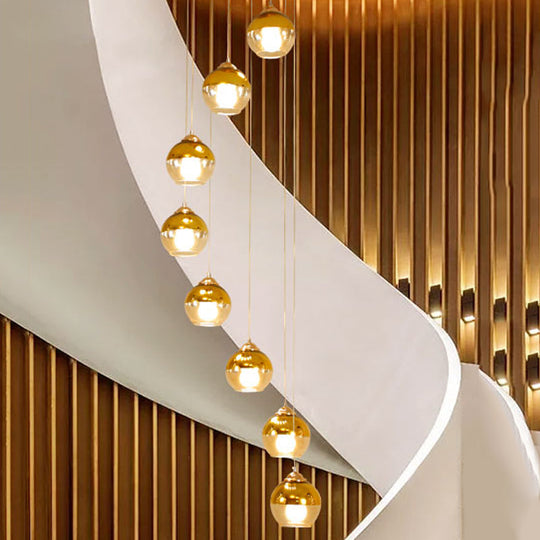 Modern Gold Cluster Pendant Lamp With Clear Glass And Led Lights - 8-Head Ceiling Fixture For Stairs