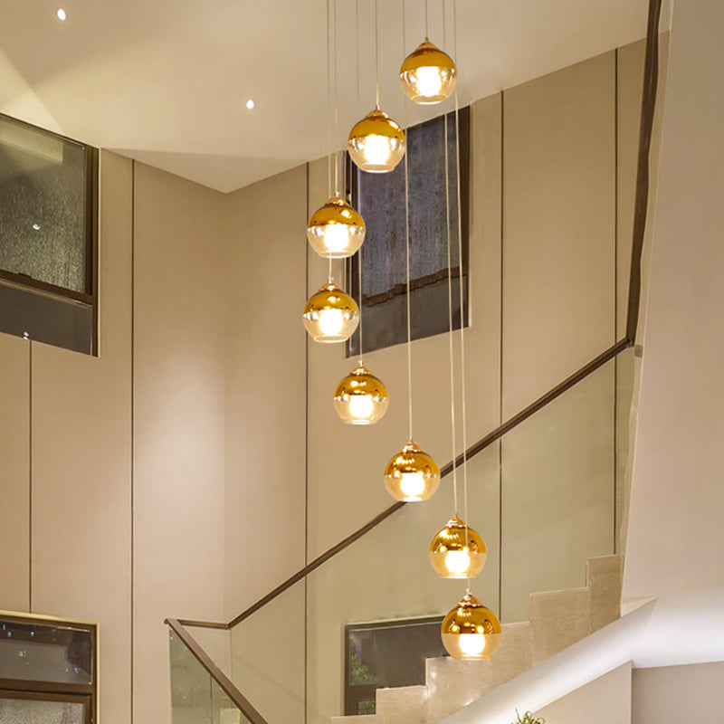 Modern Clear Glass Gold Ball Cluster Pendant Lamp With Stair Led Ceiling Hang - 8-Head Fixture