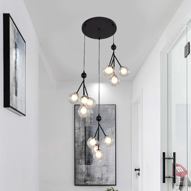 Modern Black/Gold 12-Bulb Multi-Light Pendant Led Hanging Lamp With Clear/Amber/Smoke Gray Glass