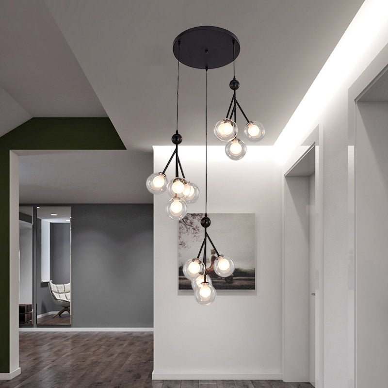 Modern Black/Gold 12-Bulb Multi-Light Pendant Led Hanging Lamp With Clear/Amber/Smoke Gray Glass