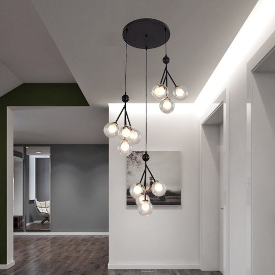 Modern Black/Gold 12-Bulb Multi-Light Pendant Led Hanging Lamp With Clear/Amber/Smoke Gray Glass