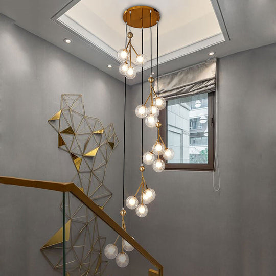 Minimalist 20-Light Stair Cluster Pendant Lamp With Clear/Amber/Smoke Gray Glass And Black/Gold