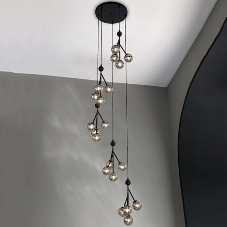 Minimalist 20-Light Stair Cluster Pendant Lamp With Clear/Amber/Smoke Gray Glass And Black/Gold