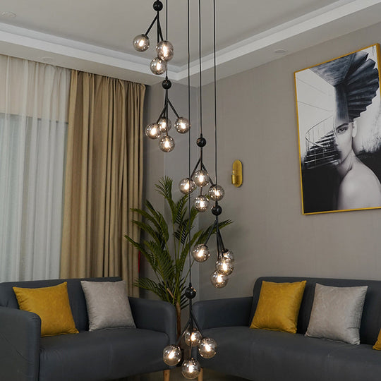 Minimalist Clear/Amber/Smoke Gray Glass Stair Cluster Pendant Lamp - Global 20-Light Ceiling Light
