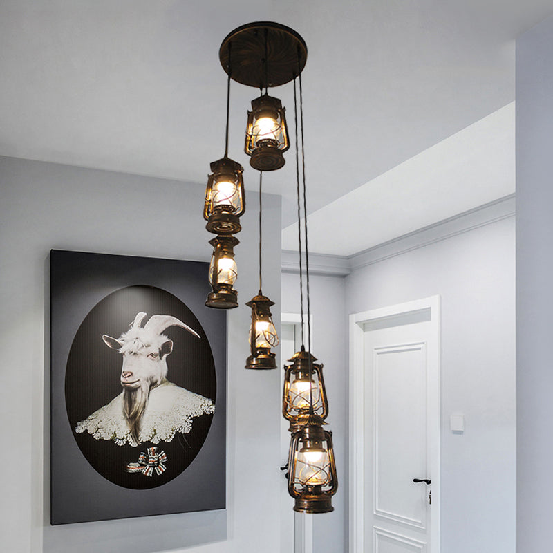 Contemporary Bronze Lantern Stair Pendant - 6-Bulb Metallic Hanging Lamp