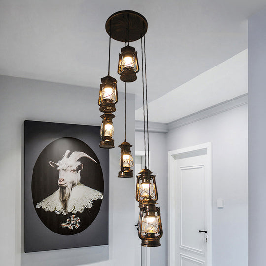 Contemporary Bronze Lantern Stair Pendant - 6 Bulbs Metallic Hanging Lamp
