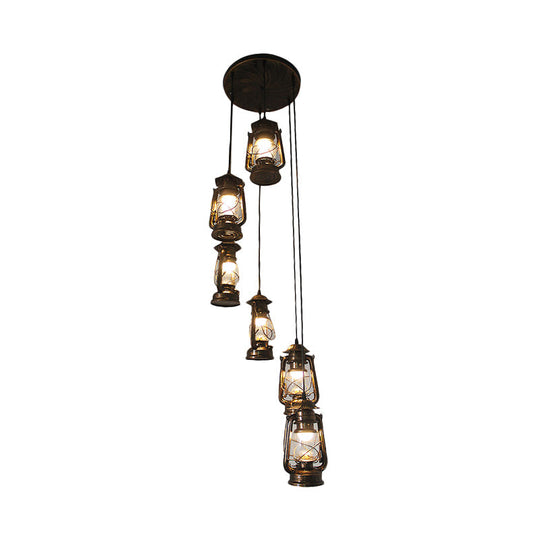 Contemporary Bronze Lantern Stair Pendant - 6 Bulbs Metallic Hanging Lamp