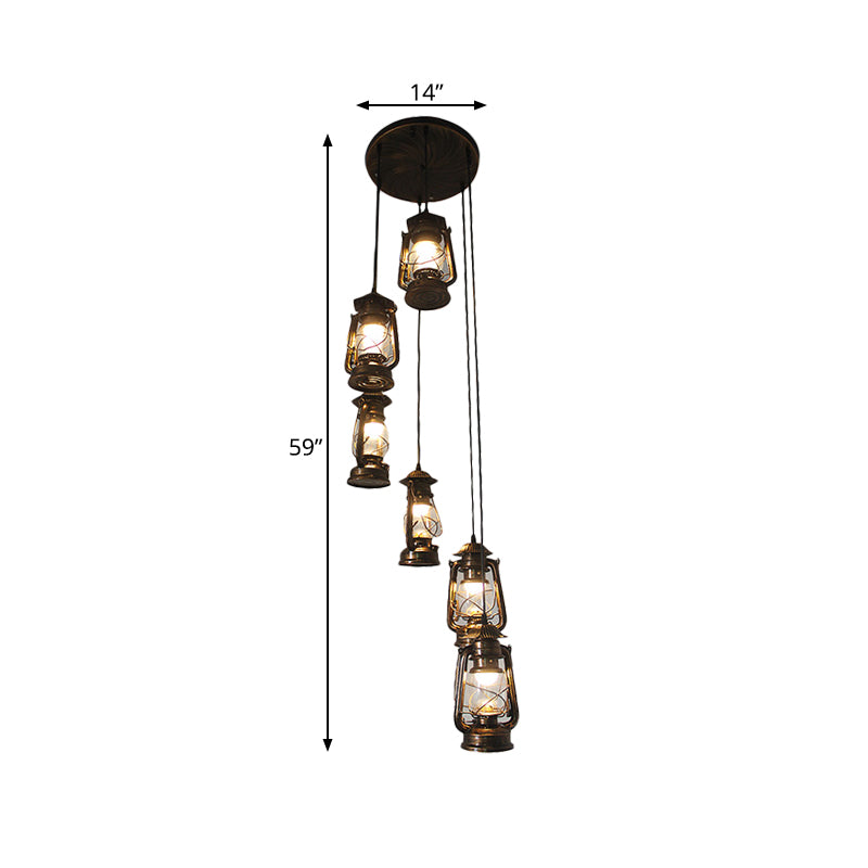 Contemporary Bronze Lantern Stair Pendant - 6-Bulb Metallic Hanging Lamp
