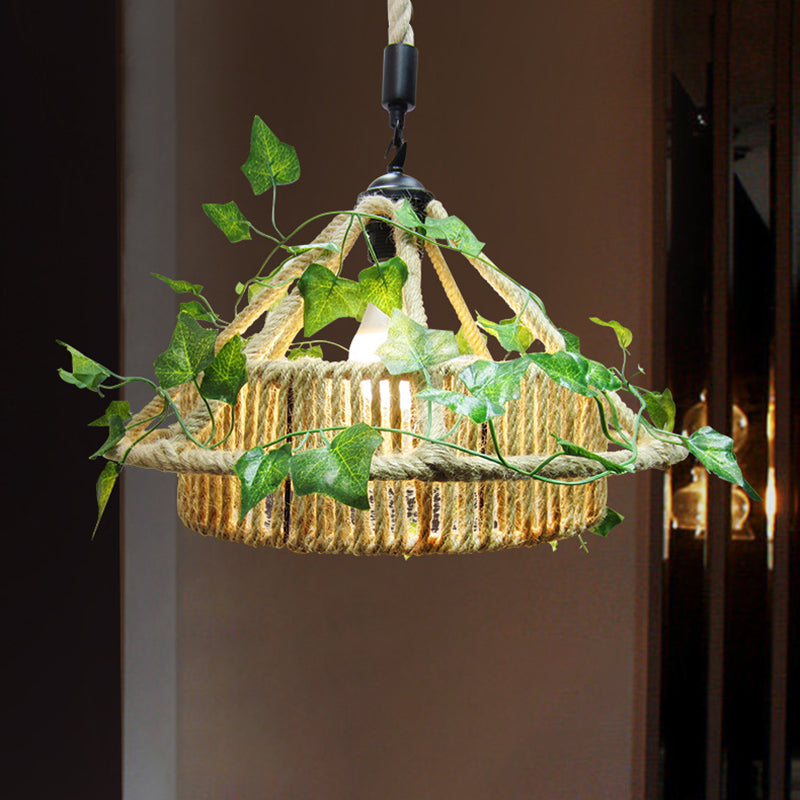 Retro Metal 1-Head Yellow Led Pendant Ceiling Light With Plant Decor - House Restaurant