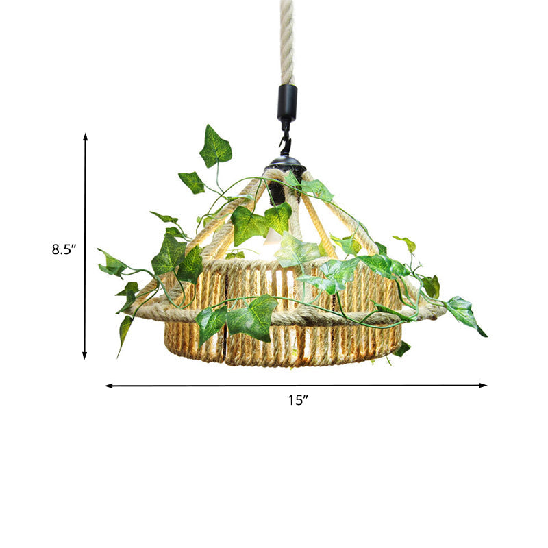 Retro Metal 1-Head Yellow Led Pendant Ceiling Light With Plant Decor - House Restaurant