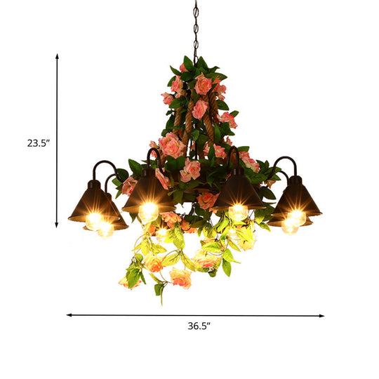 Industrial Metal Cone Chandelier - 6/8 Lights Black With Flower Decoration Led Ceiling Pendant For