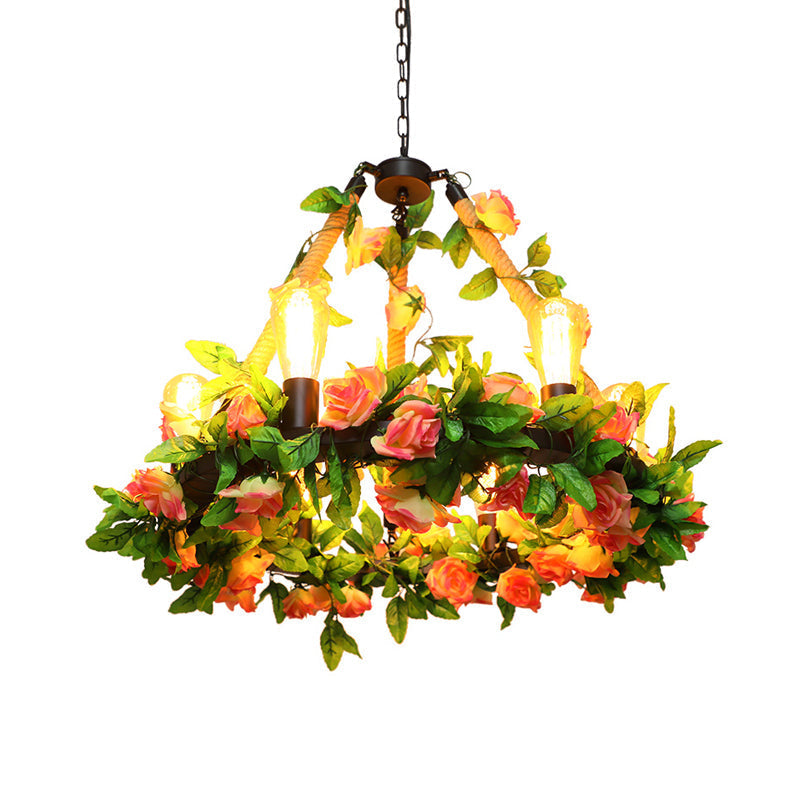 Industrial Metal Black Chandelier With 6 Bare Bulb Lights And Flower Decor - Led Pendant Lighting