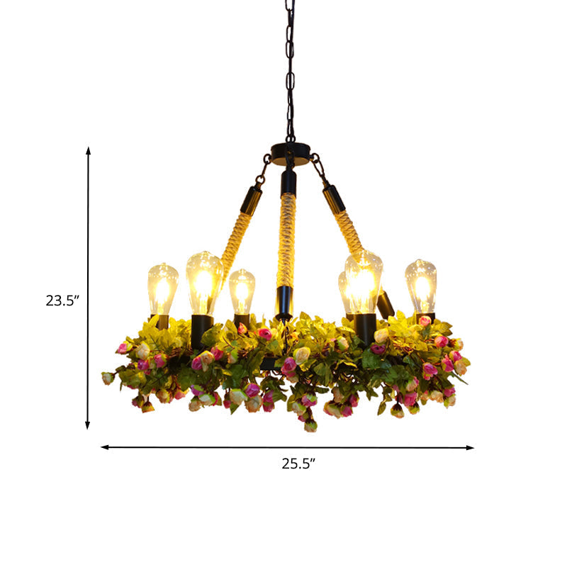 6-Bulb Industrial Metal Led Chandelier - Exposed Bulb Ceiling Pendant In Black With Rose Detailing