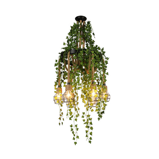 Antique Black Metal Chandelier Lamp With 6 Led Bulbs Exposed Design & Plant Decor