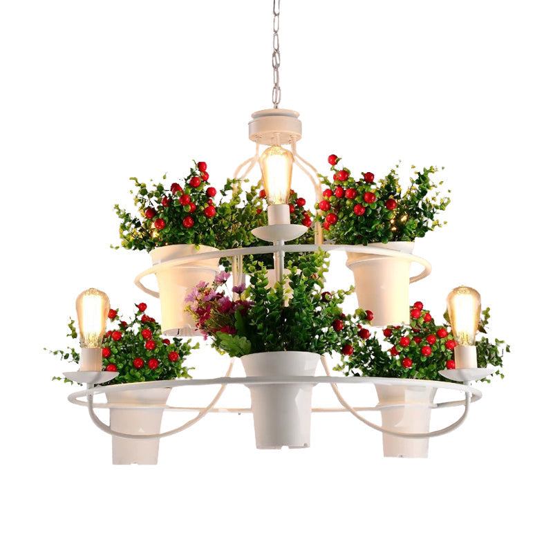 Industrial Black/White Metal Led Plant Pendant Light - 6 Lights 1/2 Tiers. Perfect For Restaurants.