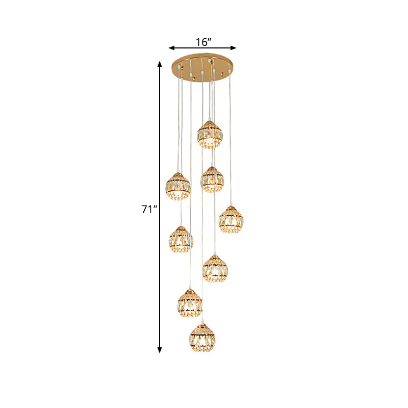 Modern Gold Crystal Pendant Light Cluster With 8 Lights For Stair - Meteor Shower Inspired Hanging