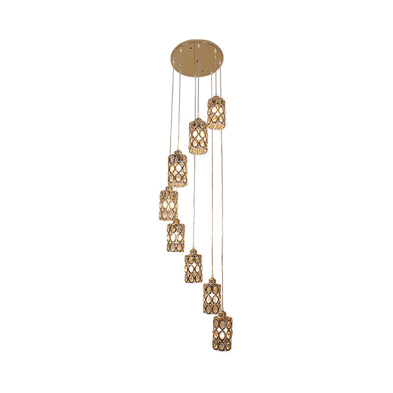 Contemporary Gold Stair Pendant With Crystal Cylinder Shades - 8-Head Multi-Light Hanging Lamp