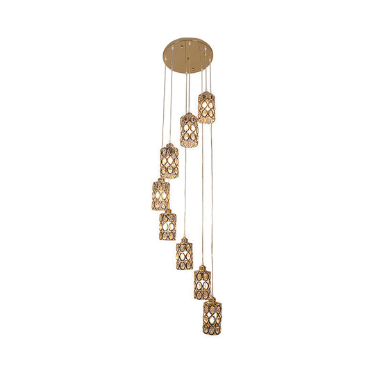 Contemporary Gold Stair Pendant With Crystal Cylinder Shades - 8-Head Multi-Light Hanging Lamp